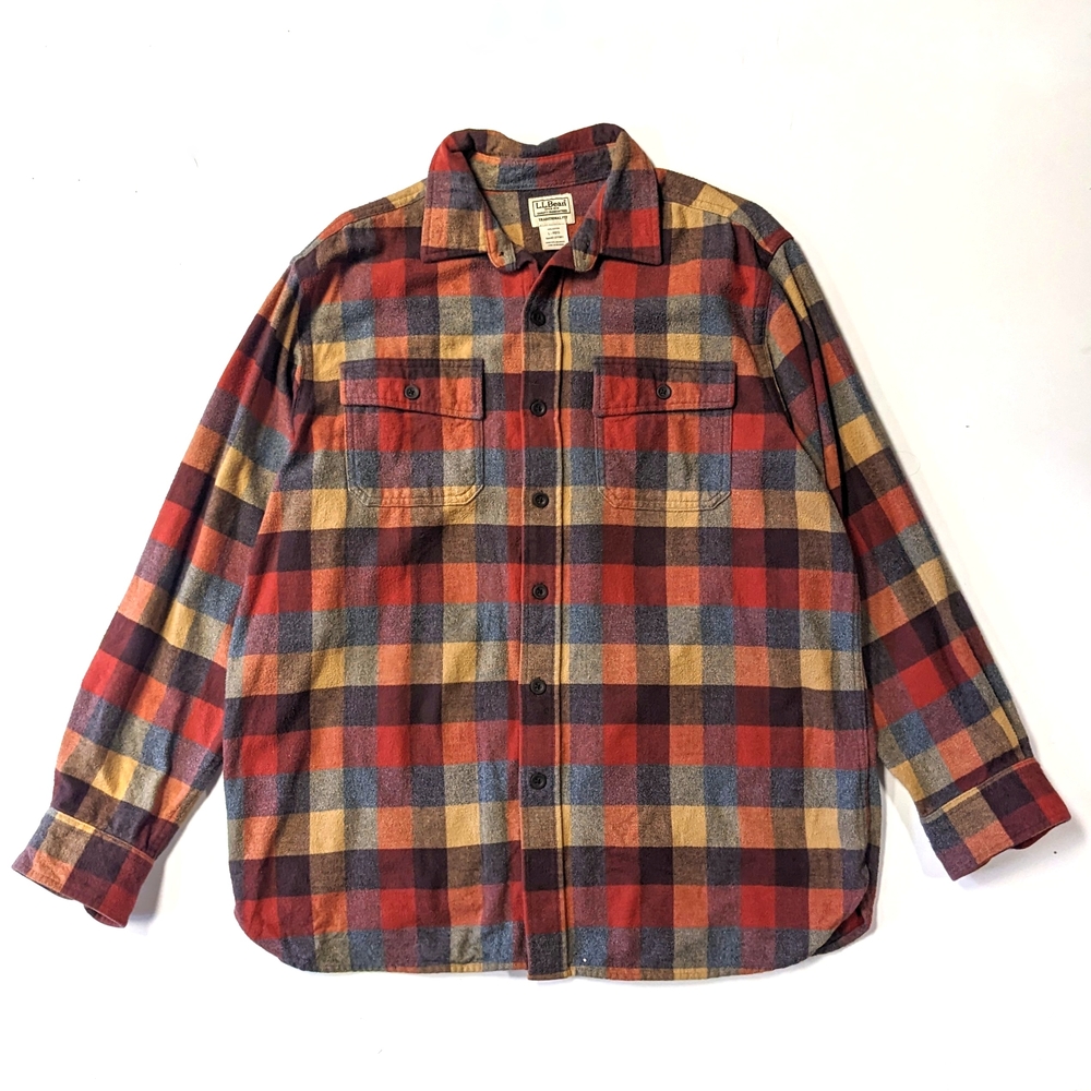 L.L Bean Chamois Button Down Shirt Red Orange Plaid Flannel
